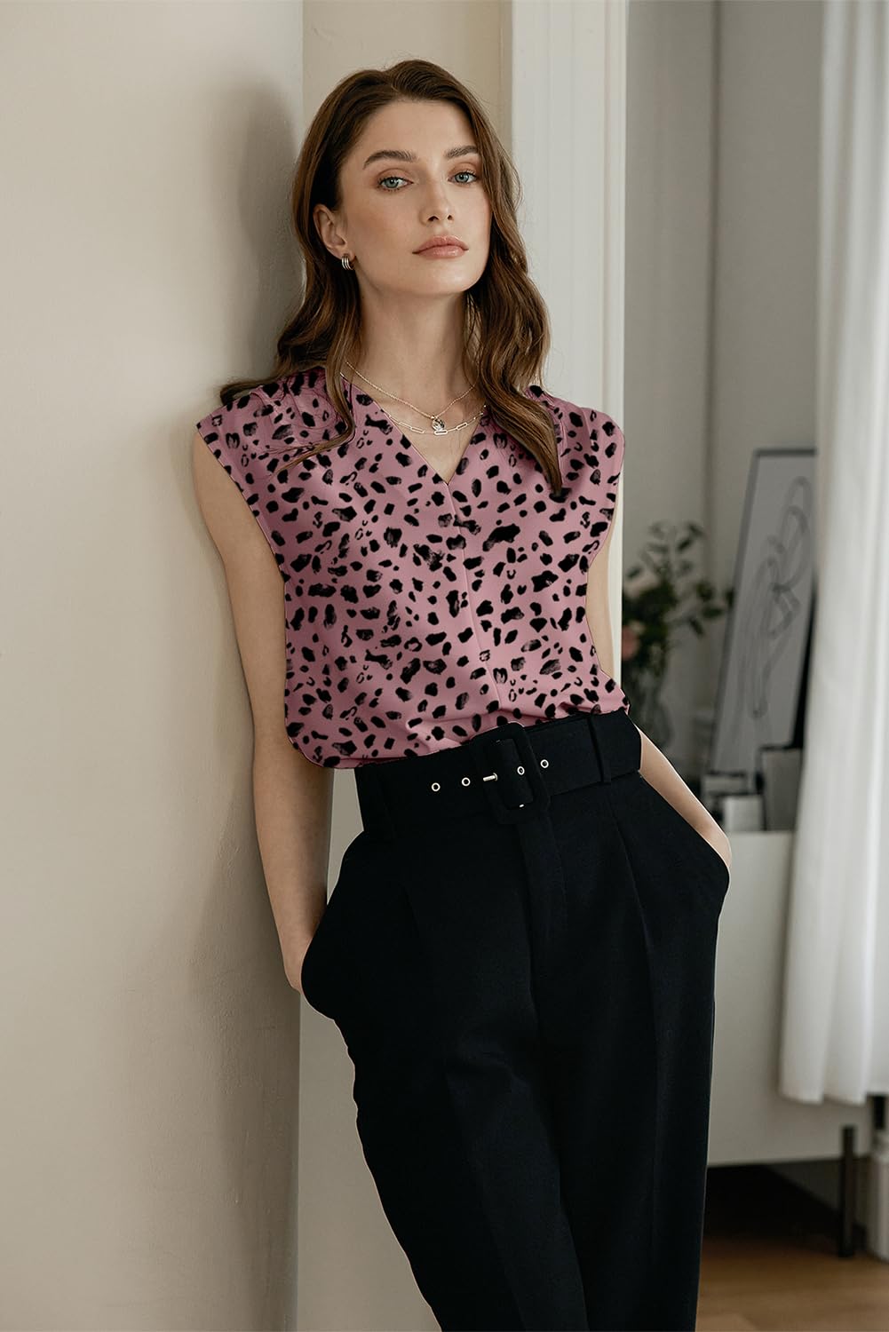 Foto 4 pulgar | Camiseta Sin Mangas Evaless Para Mujer, Cuello En V, Plisada, Casual, Leopardo L - Venta Internacional.