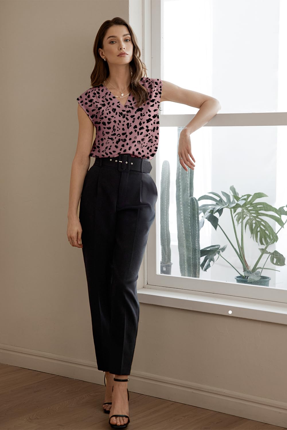 Foto 6 pulgar | Camiseta Sin Mangas Evaless Para Mujer, Cuello En V, Plisada, Casual, Leopardo L - Venta Internacional.