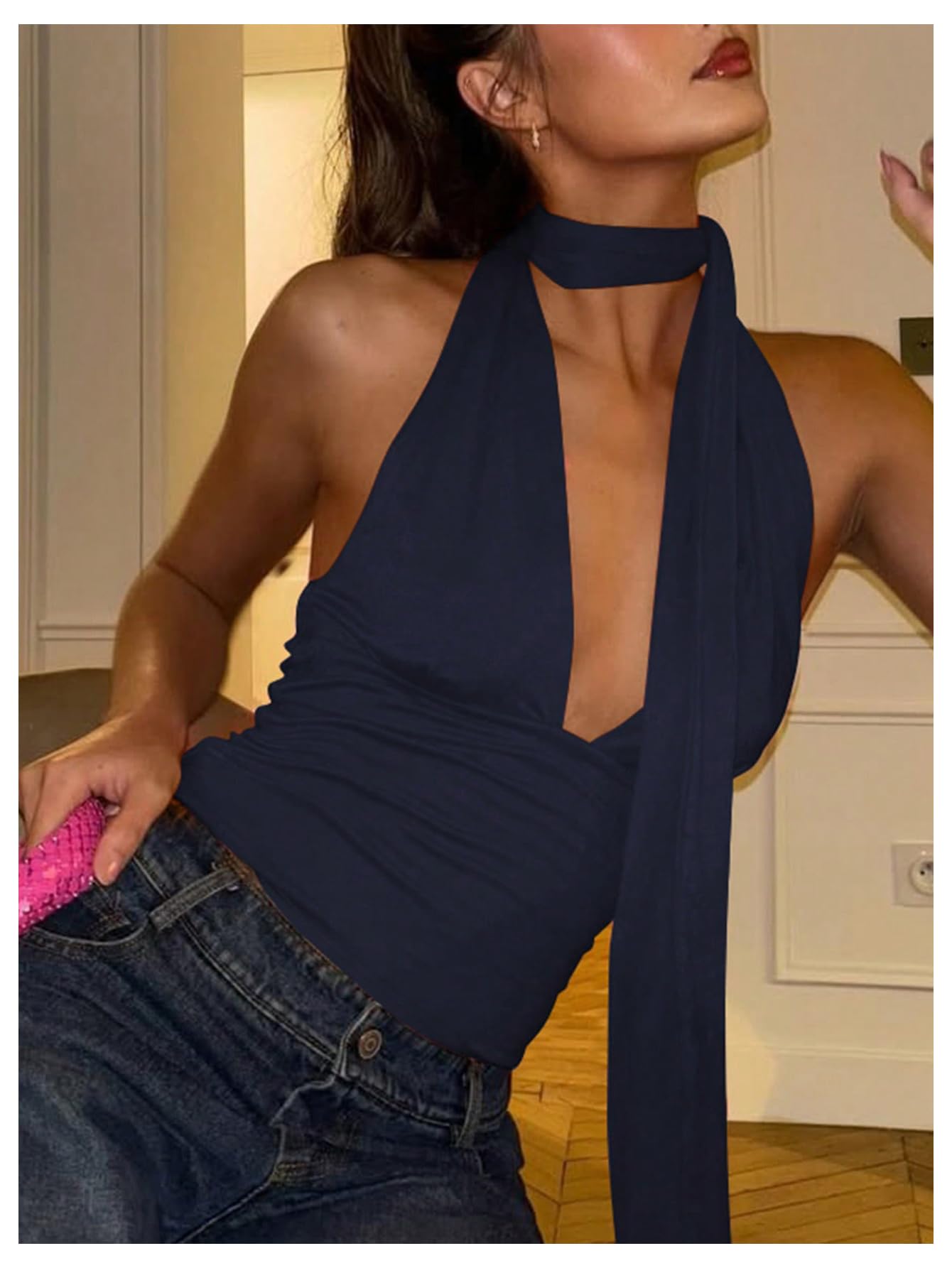 Foto 6 pulgar | Bufanda Halter  Top Corto Soly Hux Para Mujer  Cuello En V Profundo  Azul - Venta Internacional.