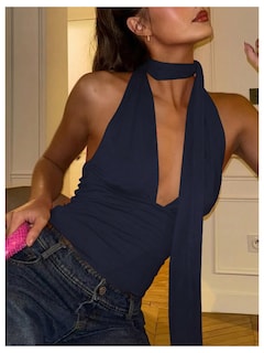 Foto 5 | Bufanda Halter Top Corto Soly Hux Para Mujer Cuello En V Profundo Azul - Venta Internacional.