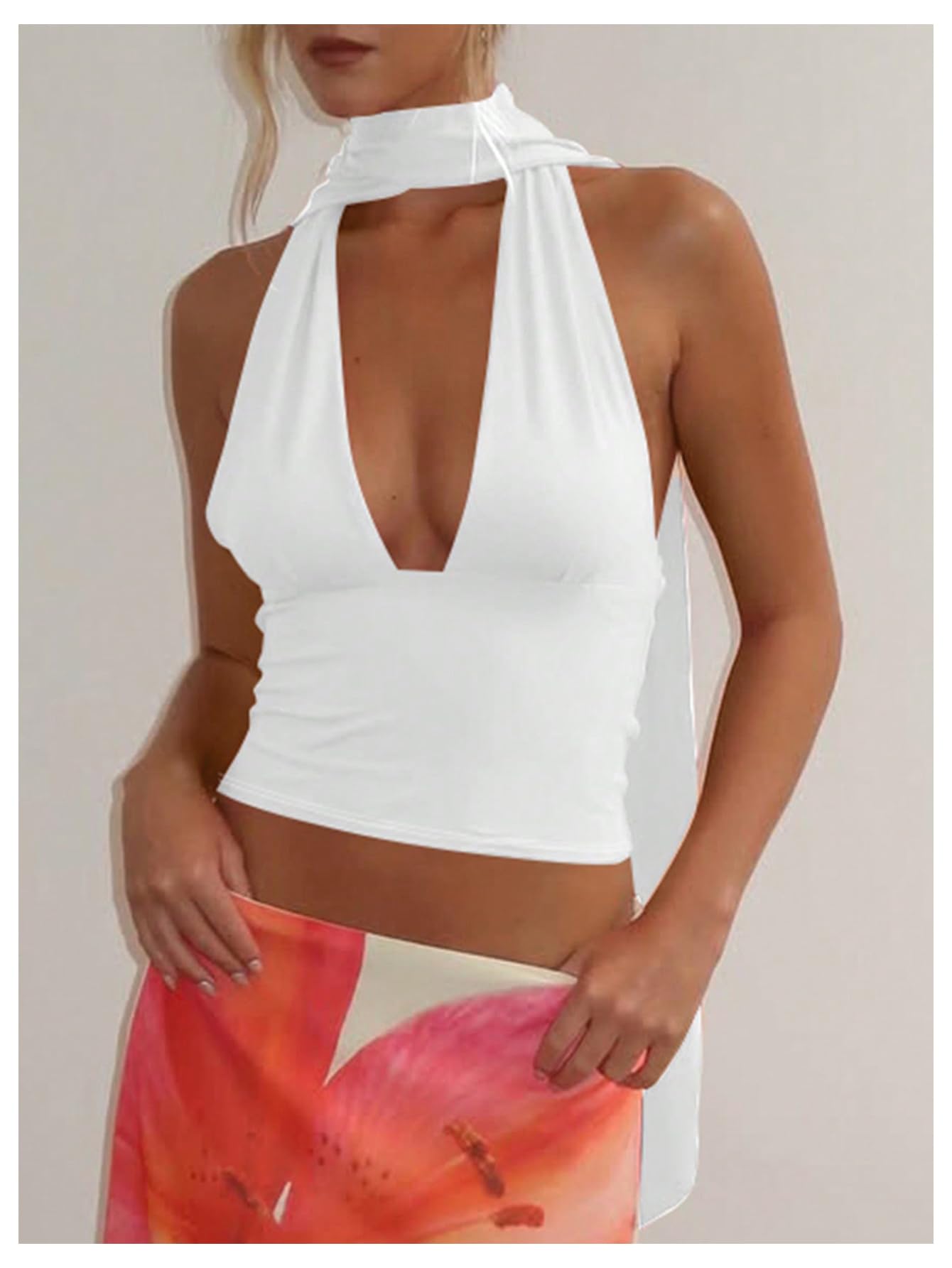 Foto 3 | Bufanda Halter  Top Corto Soly Hux Para Mujer  Cuello En V Profundo  Blanco - Venta Internacional.