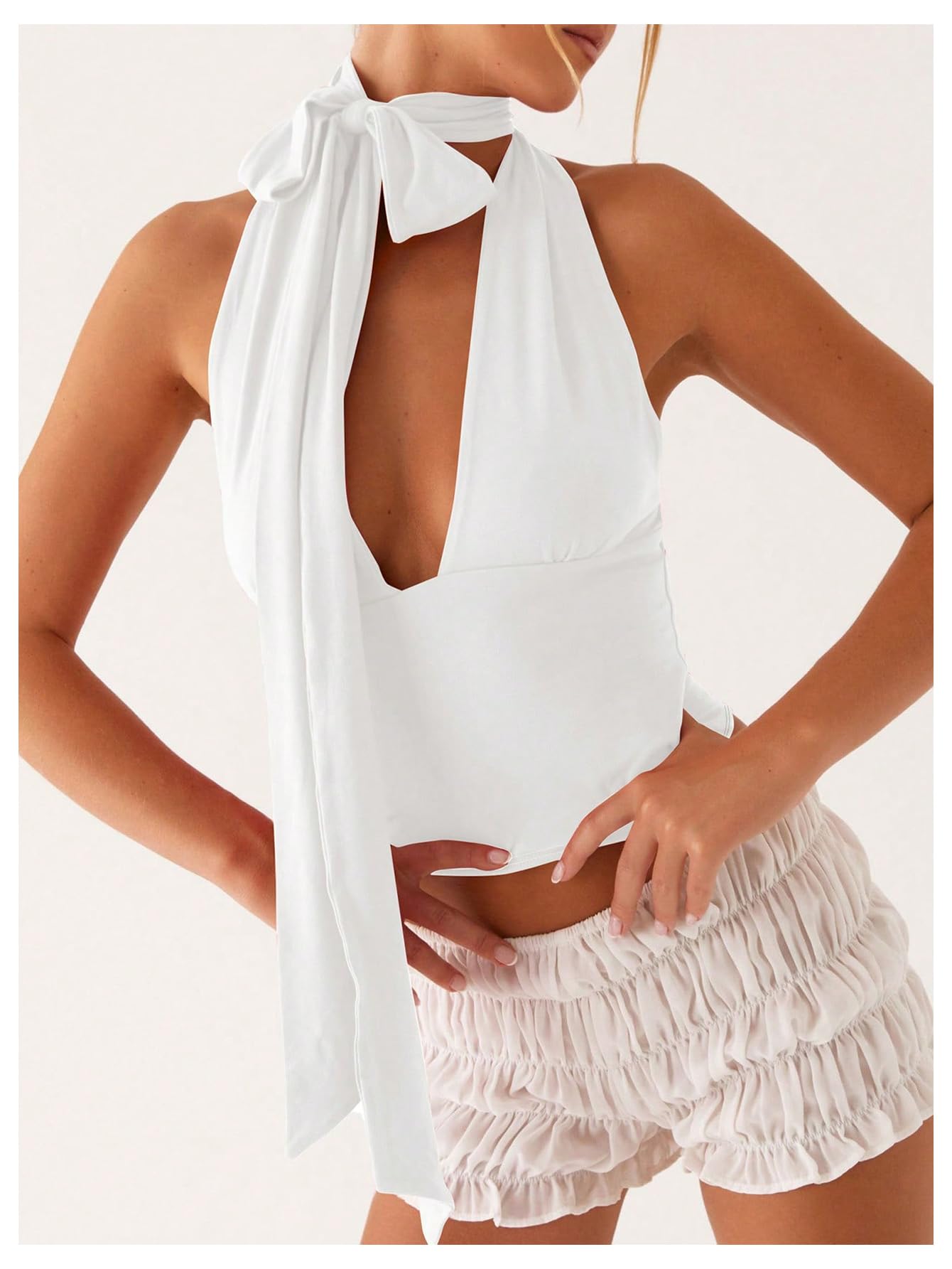 Foto 5 | Bufanda Halter  Top Corto Soly Hux Para Mujer  Cuello En V Profundo  Blanco - Venta Internacional.