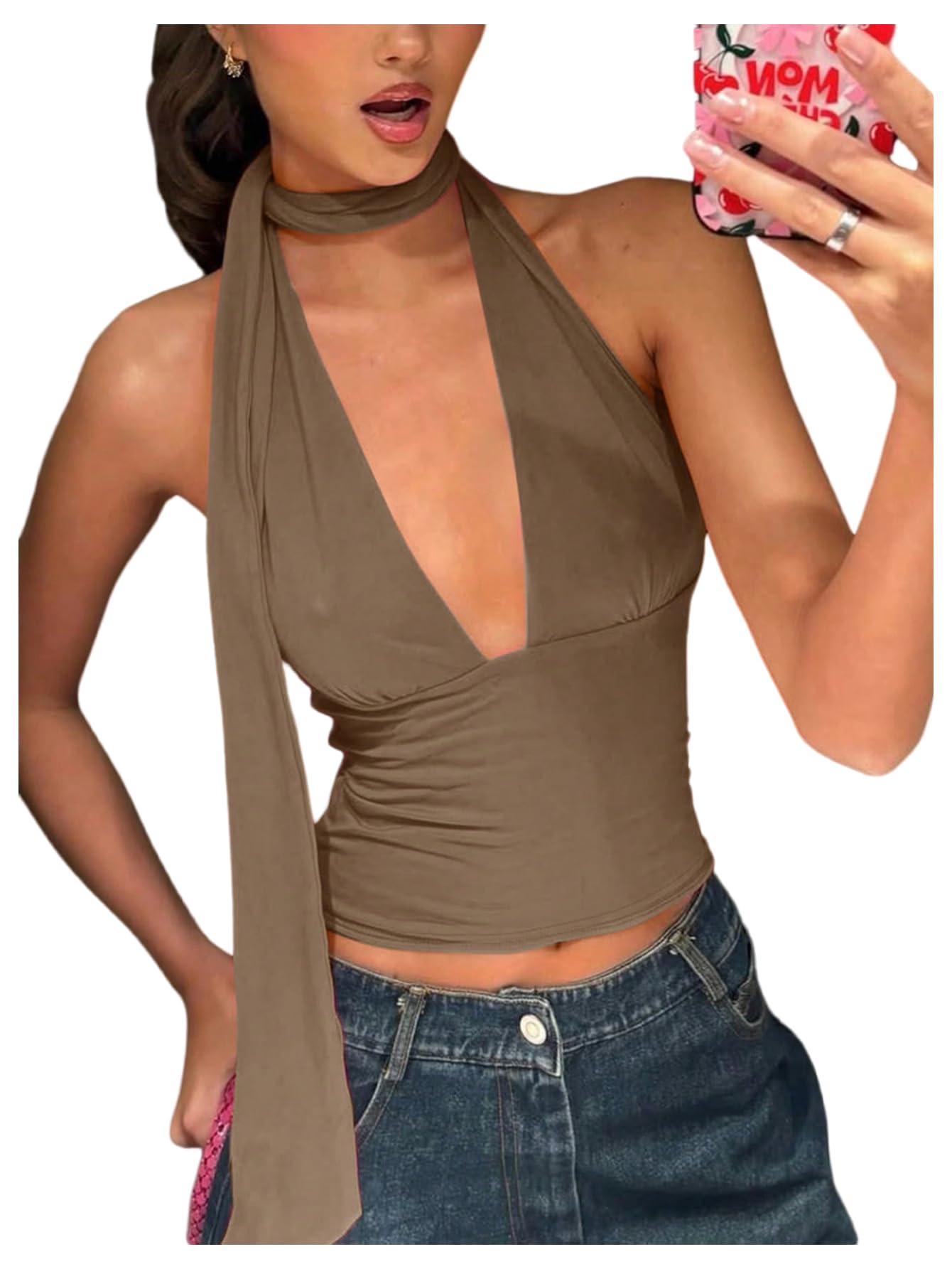 Foto 2 pulgar | Bufanda Halter  Top Corto Soly Hux Para Mujer  Cuello En V Profundo  Caqui - Venta Internacional.