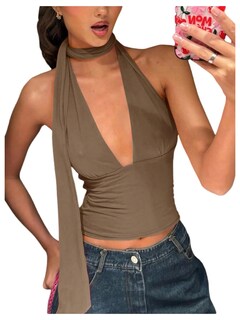 Foto 1 | Bufanda Halter Top Corto Soly Hux Para Mujer Cuello En V Profundo Caqui - Venta Internacional.