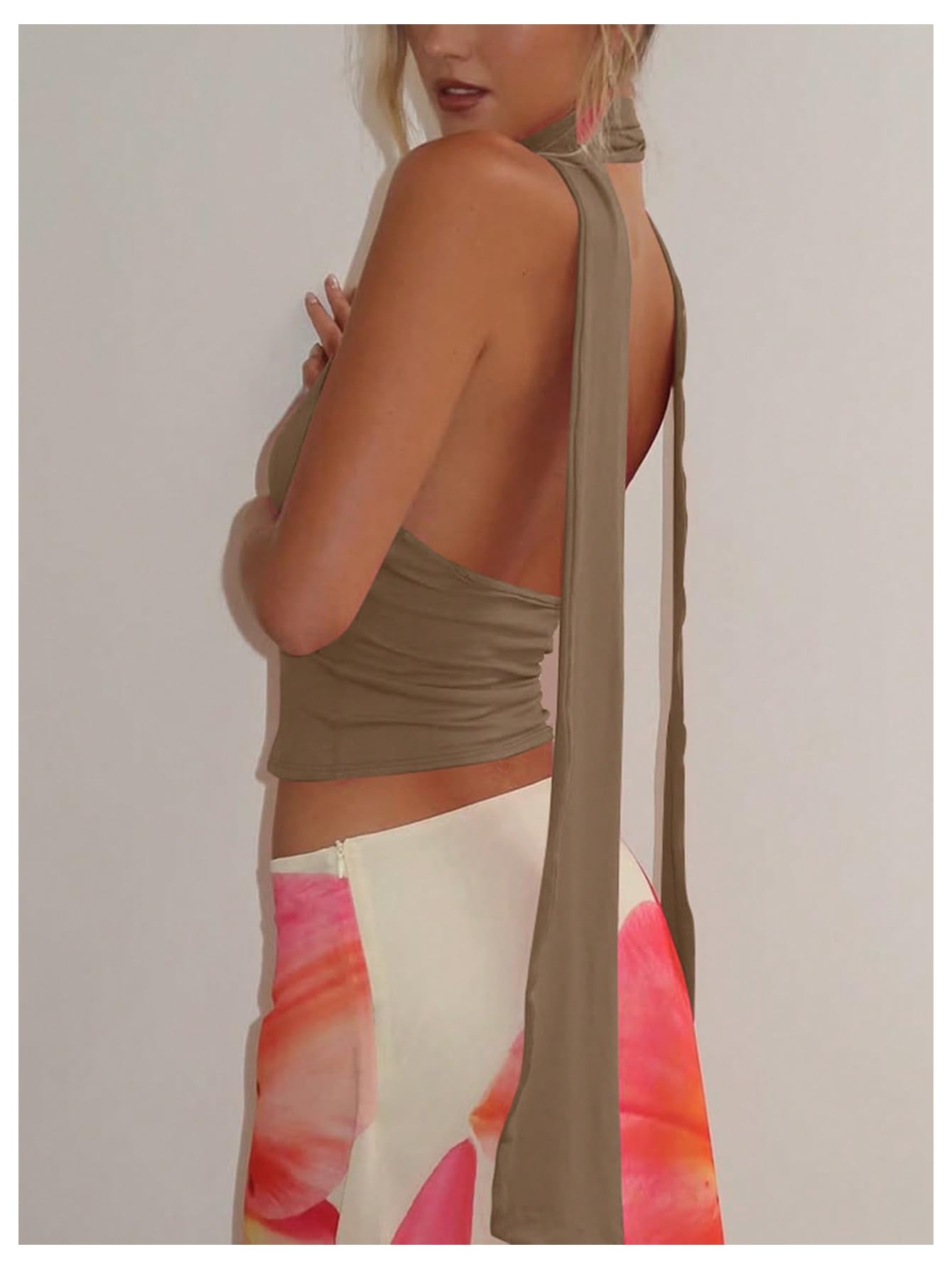 Foto 3 pulgar | Bufanda Halter  Top Corto Soly Hux Para Mujer  Cuello En V Profundo  Caqui - Venta Internacional.