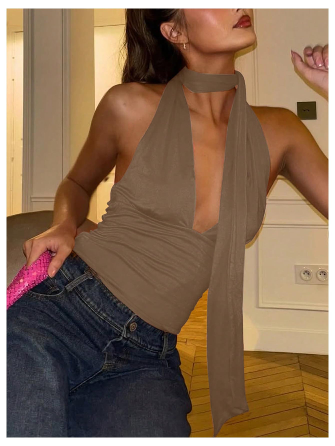 Foto 5 pulgar | Bufanda Halter  Top Corto Soly Hux Para Mujer  Cuello En V Profundo  Caqui - Venta Internacional.