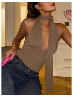 Foto 4 | Bufanda Halter Top Corto Soly Hux Para Mujer Cuello En V Profundo Caqui - Venta Internacional.