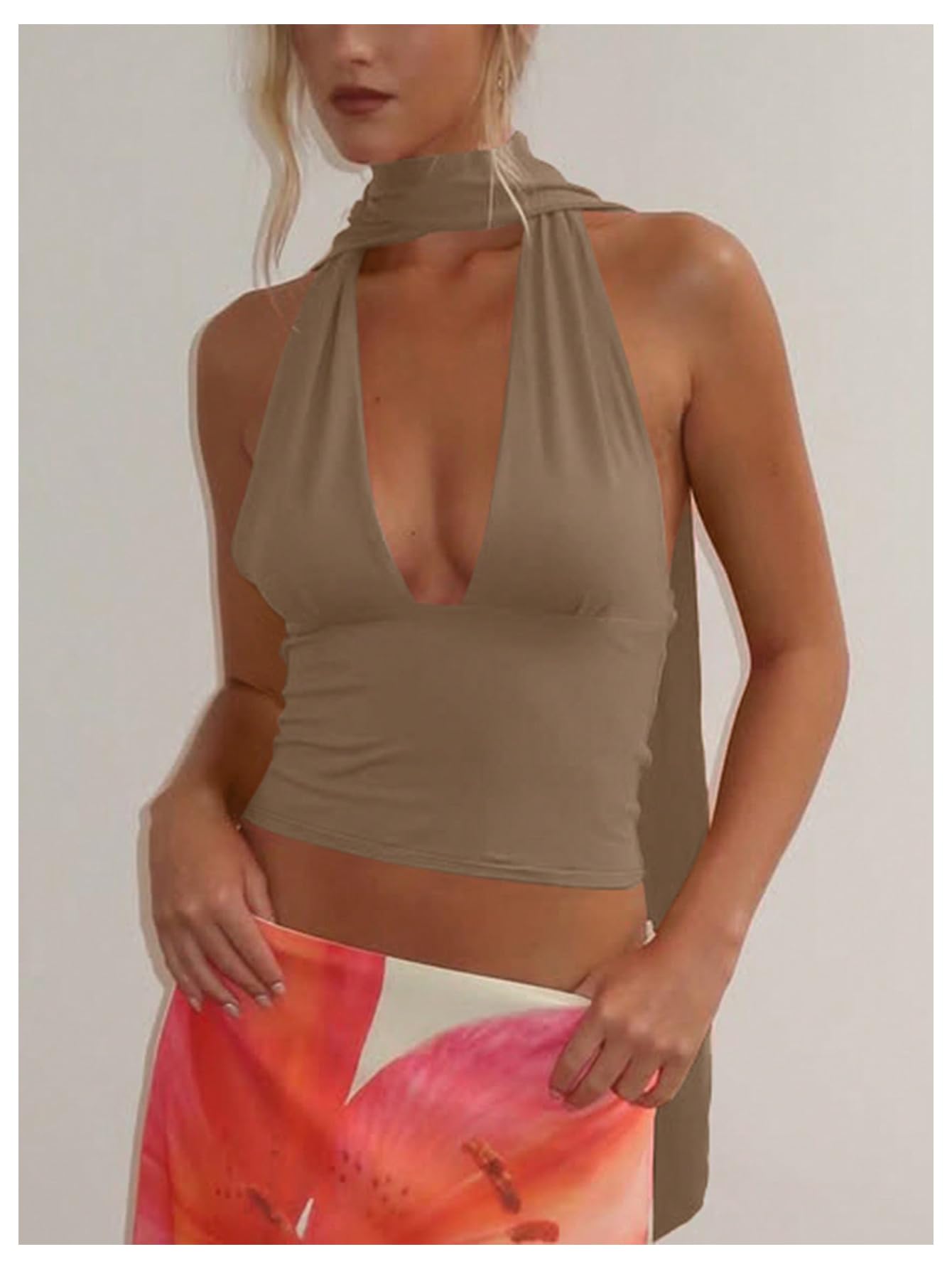 Foto 6 pulgar | Bufanda Halter  Top Corto Soly Hux Para Mujer  Cuello En V Profundo  Caqui - Venta Internacional.