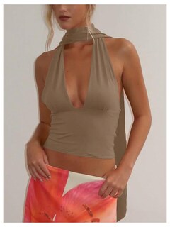 Foto 5 | Bufanda Halter Top Corto Soly Hux Para Mujer Cuello En V Profundo Caqui - Venta Internacional.