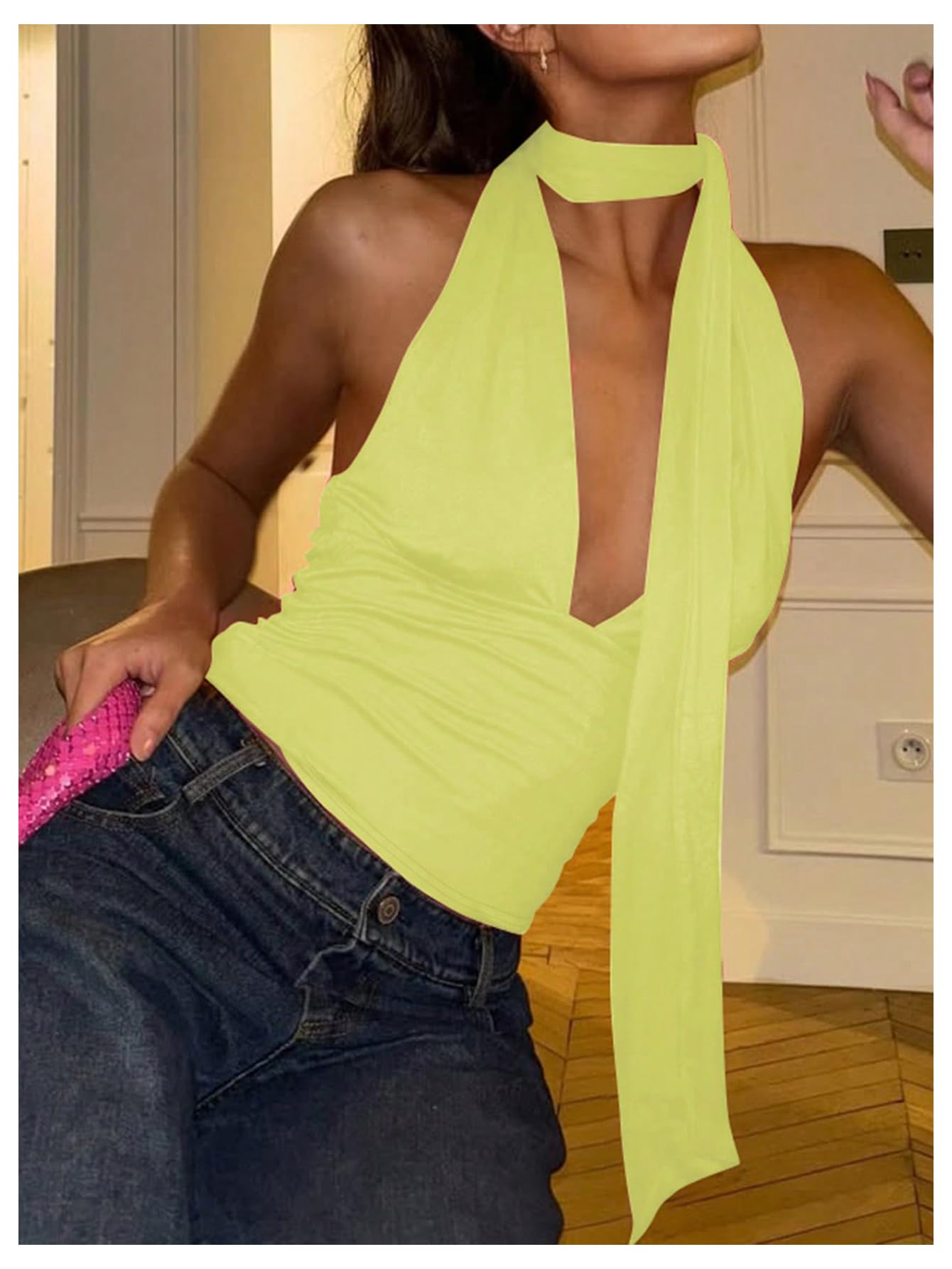 Foto 3 | Bufanda Halter  Top Corto Soly Hux Para Mujer  Cuello En V Profundo  Amarillo - Venta Internacional.