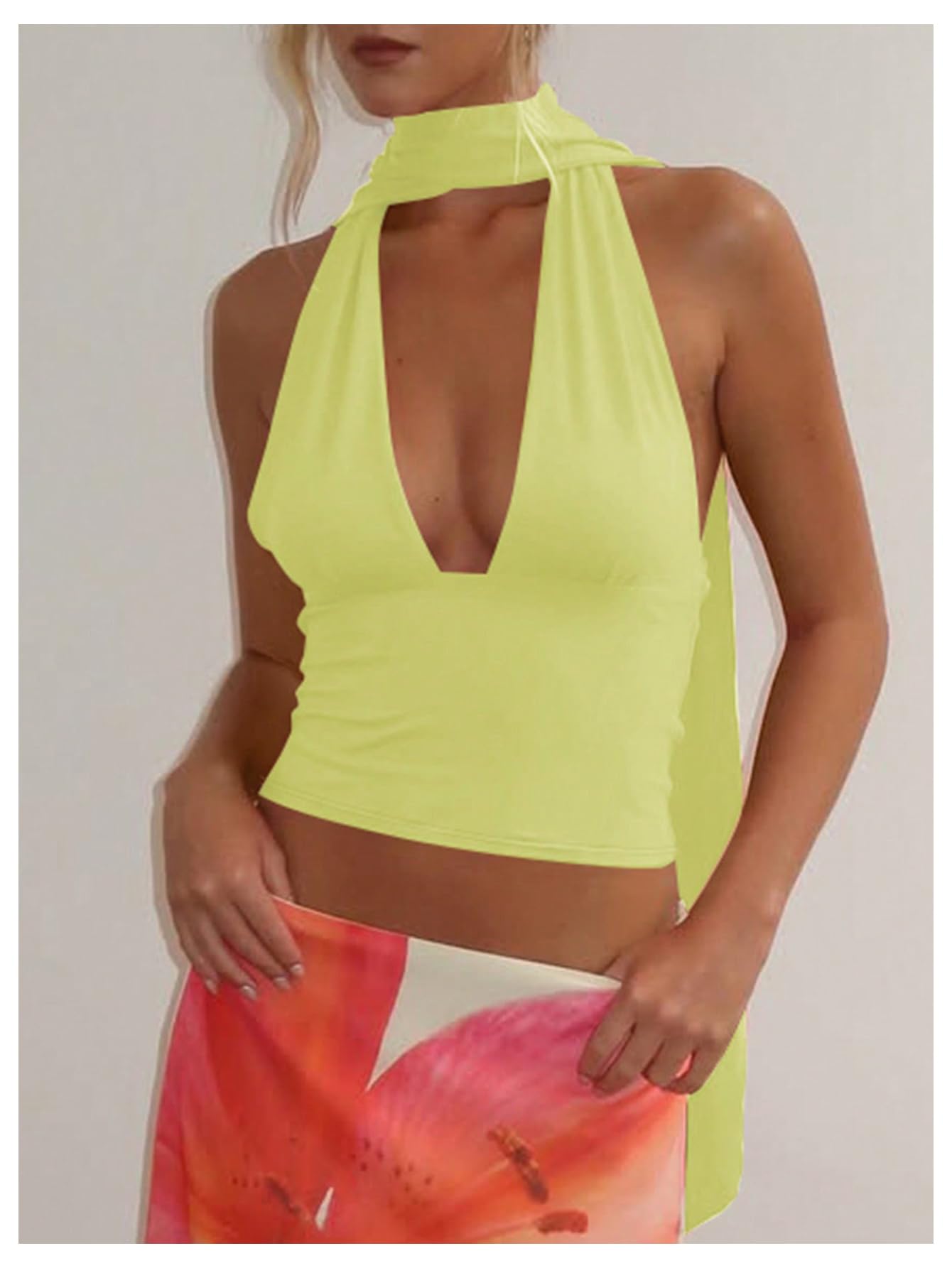 Foto 4 | Bufanda Halter  Top Corto Soly Hux Para Mujer  Cuello En V Profundo  Amarillo - Venta Internacional.