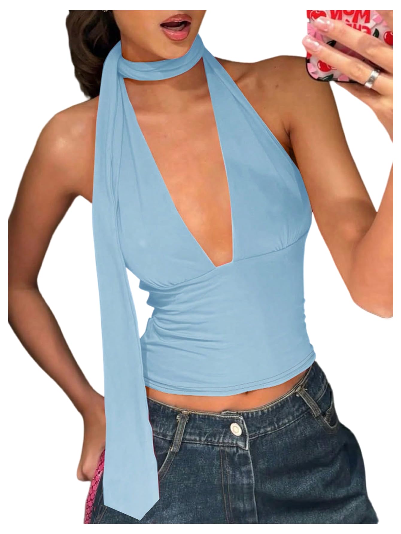 Foto 2 pulgar | Bufanda Halter  Top Corto Soly Hux Para Mujer  Cuello En V Profundo  Azul - Venta Internacional.