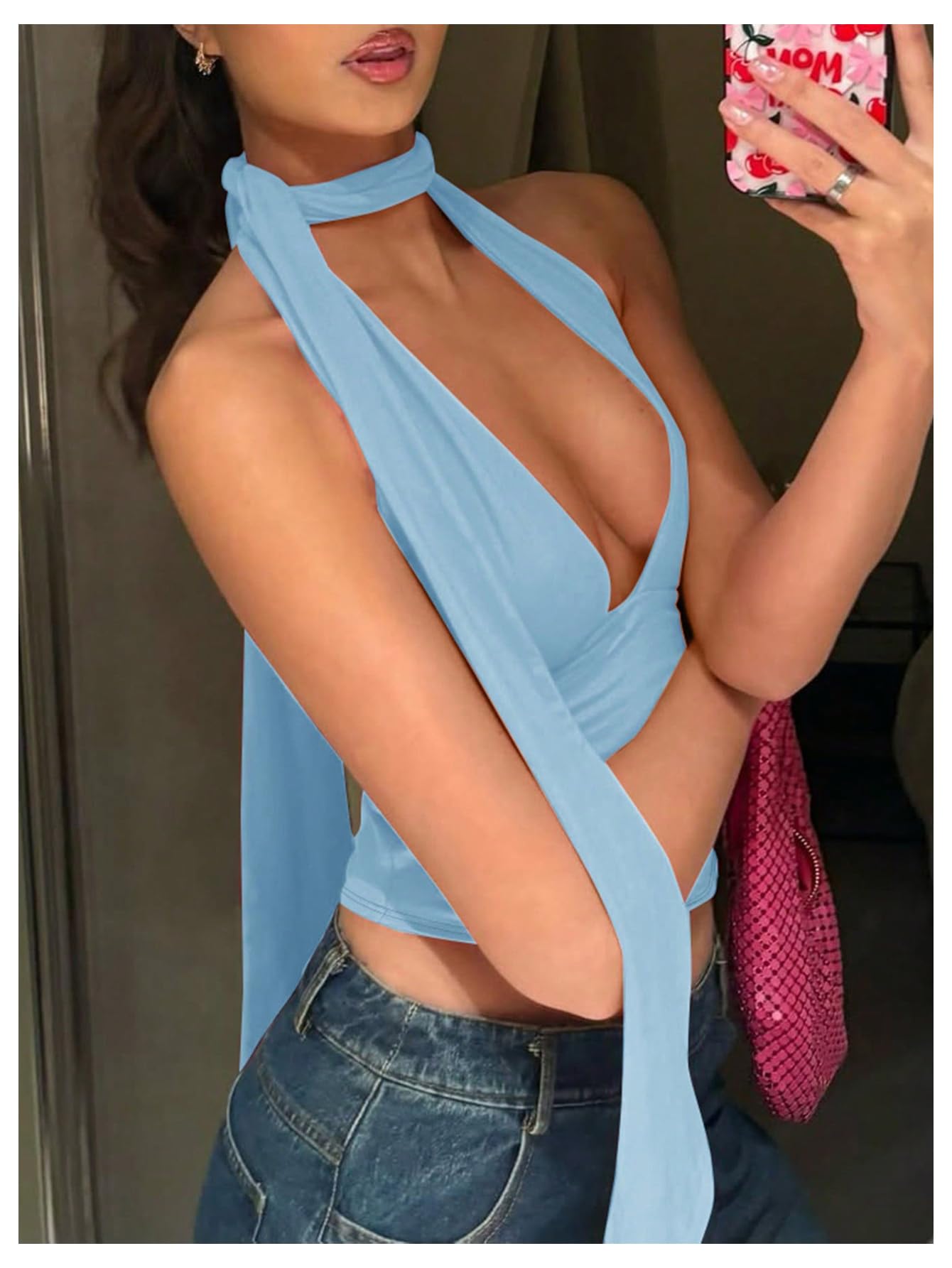 Foto 4 pulgar | Bufanda Halter  Top Corto Soly Hux Para Mujer  Cuello En V Profundo  Azul - Venta Internacional.