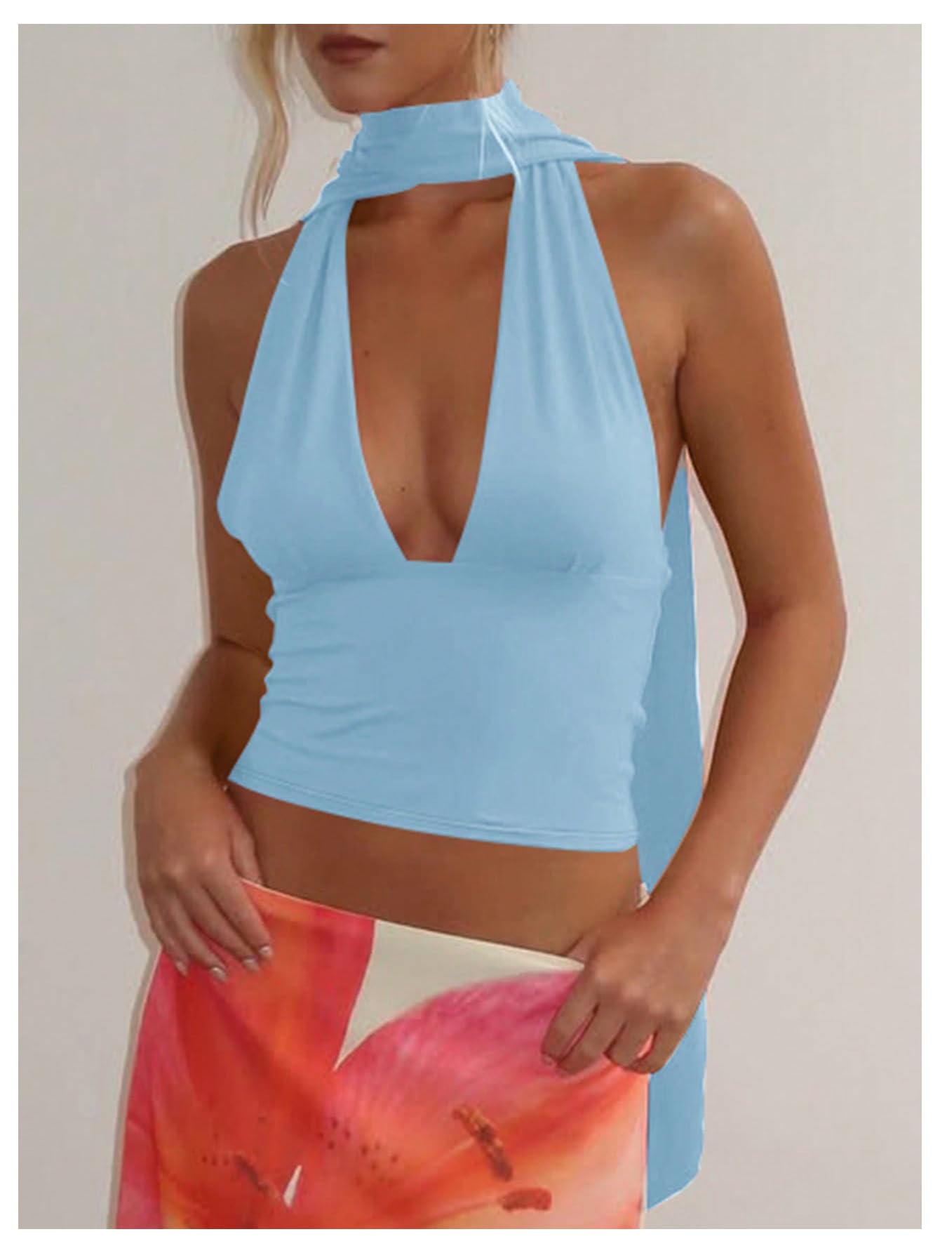 Foto 5 pulgar | Bufanda Halter  Top Corto Soly Hux Para Mujer  Cuello En V Profundo  Azul - Venta Internacional.