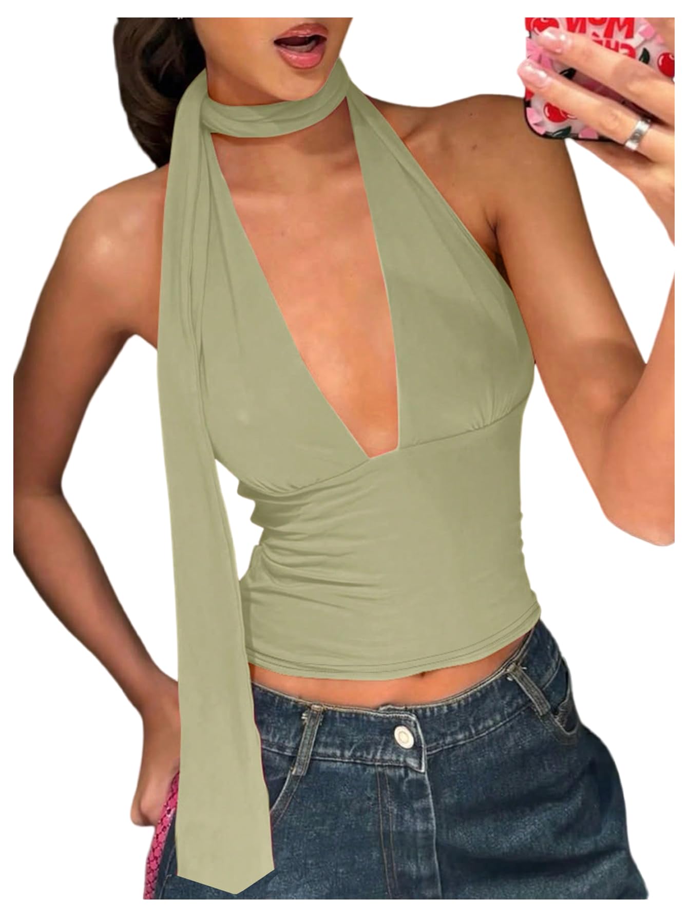Foto 2 pulgar | Bufanda Halter  Top Corto Soly Hux Para Mujer  Cuello En V Profundo  Verde - Venta Internacional.