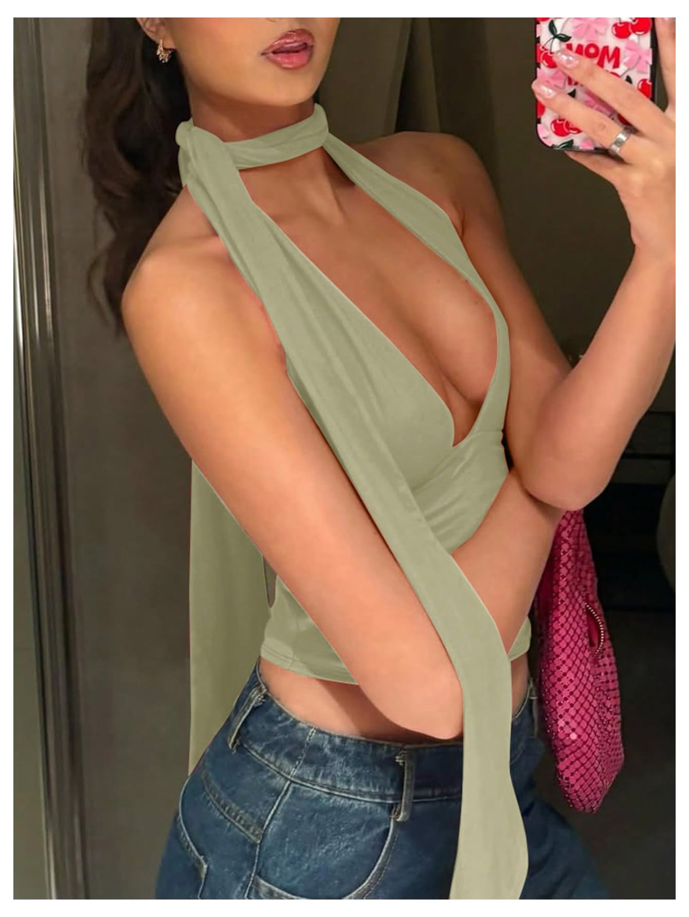 Foto 4 pulgar | Bufanda Halter  Top Corto Soly Hux Para Mujer  Cuello En V Profundo  Verde - Venta Internacional.