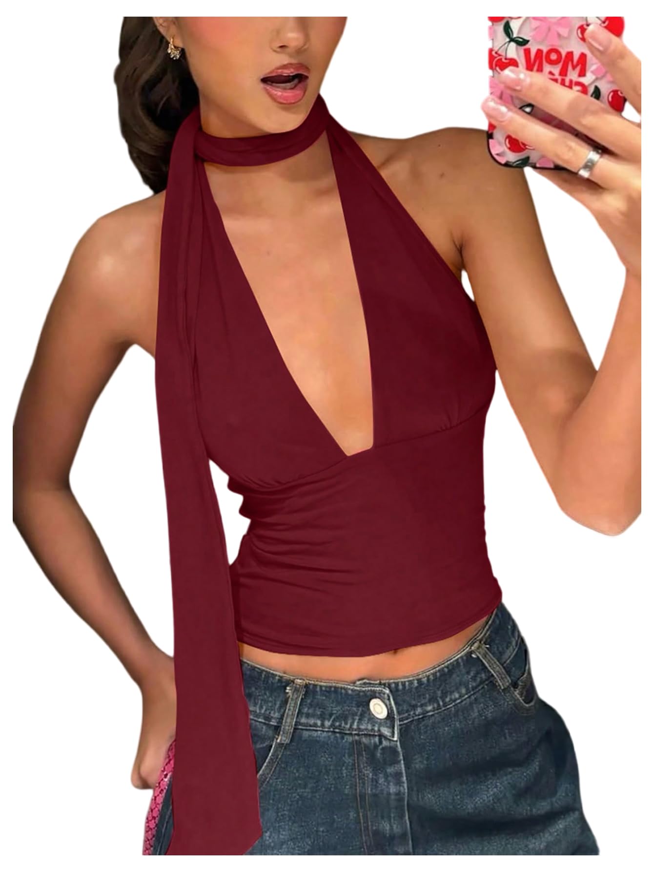 Foto 2 pulgar | Bufanda Halter  Top Corto Soly Hux Para Mujer  Cuello En V Profundo  Color Burdeos - Venta Internacional.
