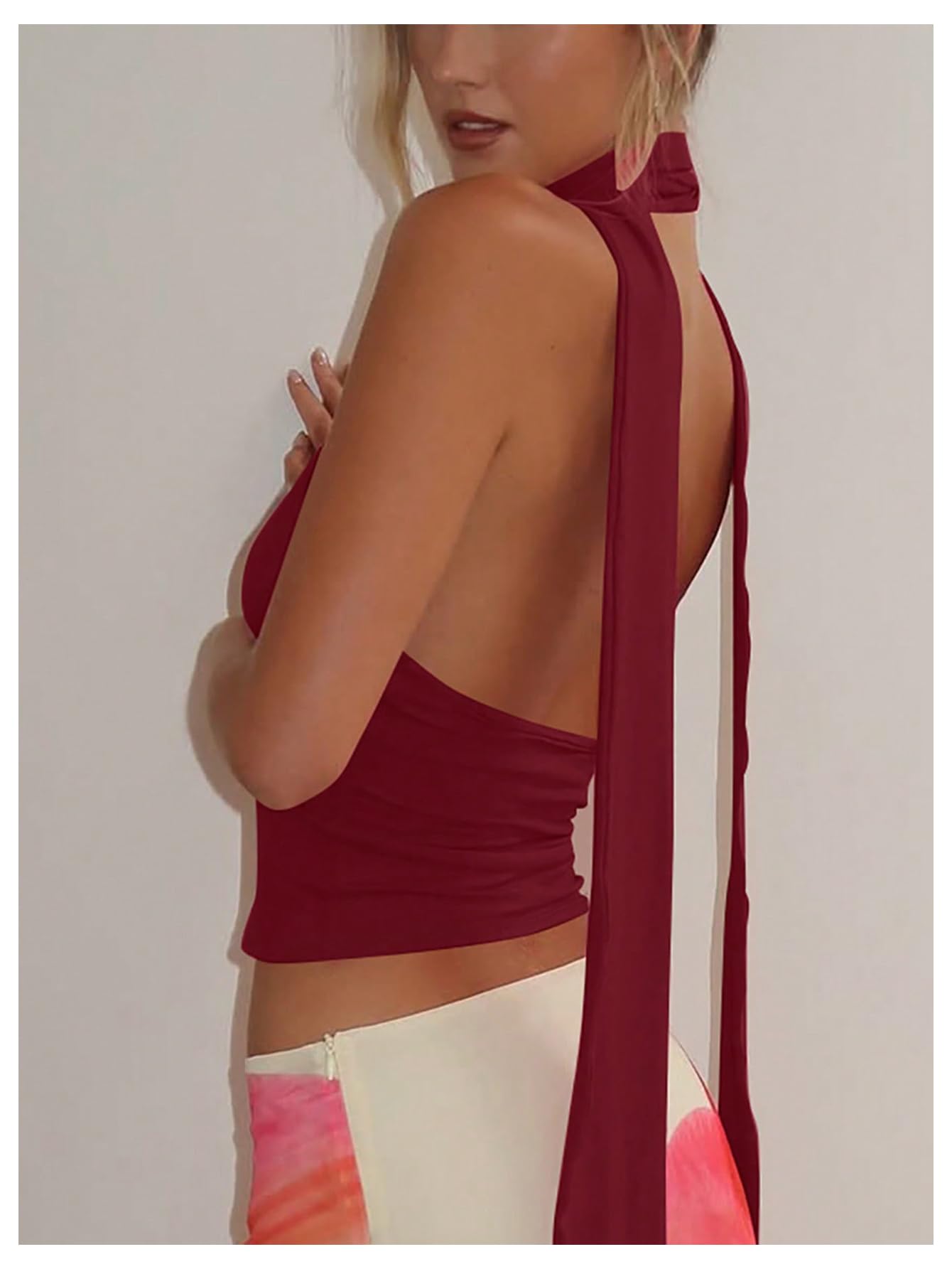 Foto 3 pulgar | Bufanda Halter  Top Corto Soly Hux Para Mujer  Cuello En V Profundo  Color Burdeos - Venta Internacional.