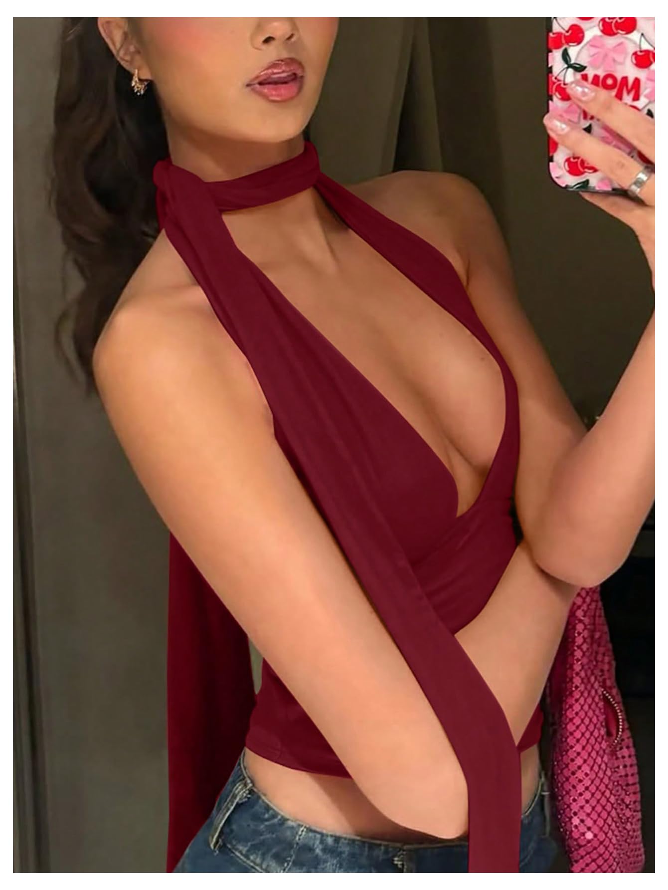 Foto 4 pulgar | Bufanda Halter  Top Corto Soly Hux Para Mujer  Cuello En V Profundo  Color Burdeos - Venta Internacional.