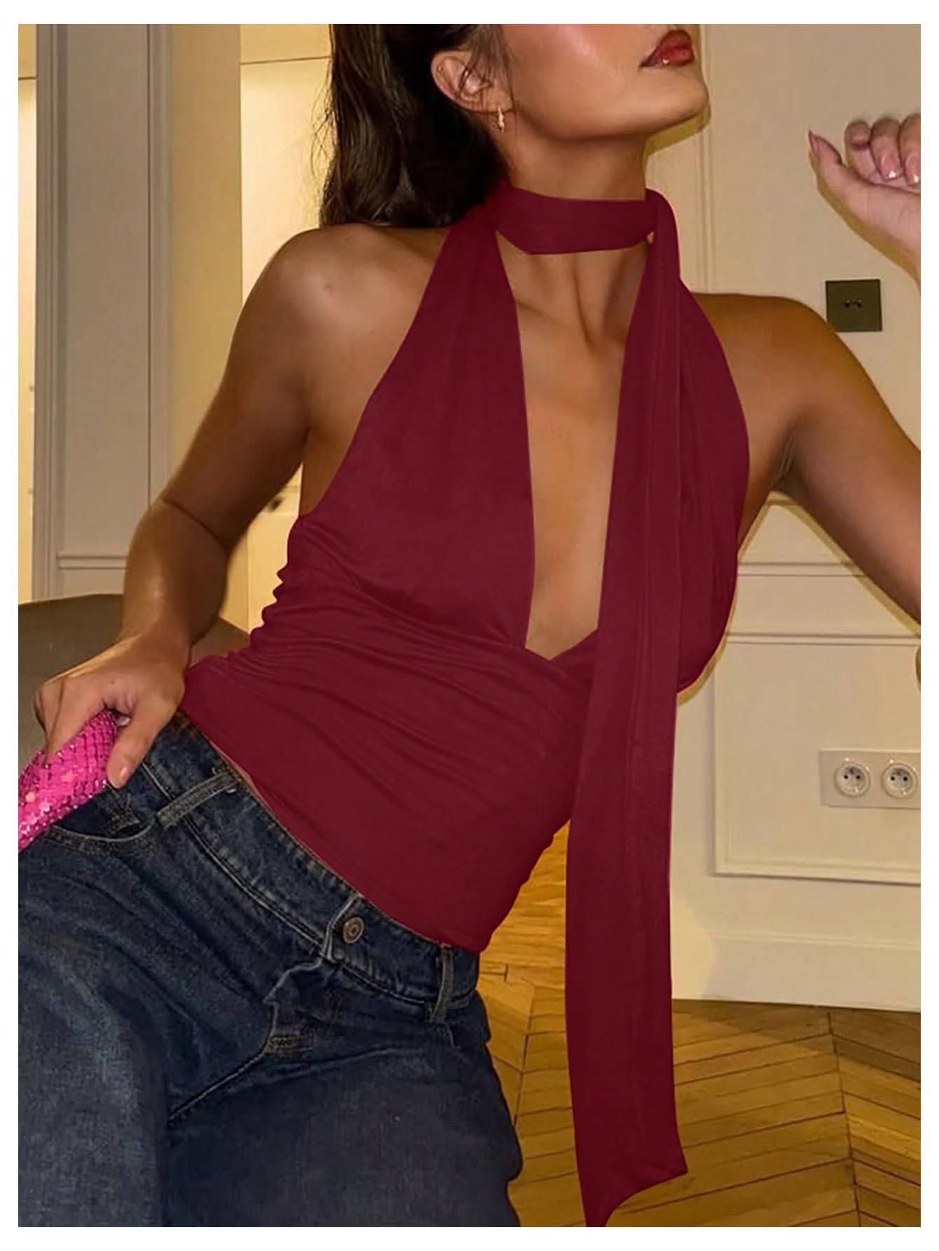 Foto 5 pulgar | Bufanda Halter  Top Corto Soly Hux Para Mujer  Cuello En V Profundo  Color Burdeos - Venta Internacional.