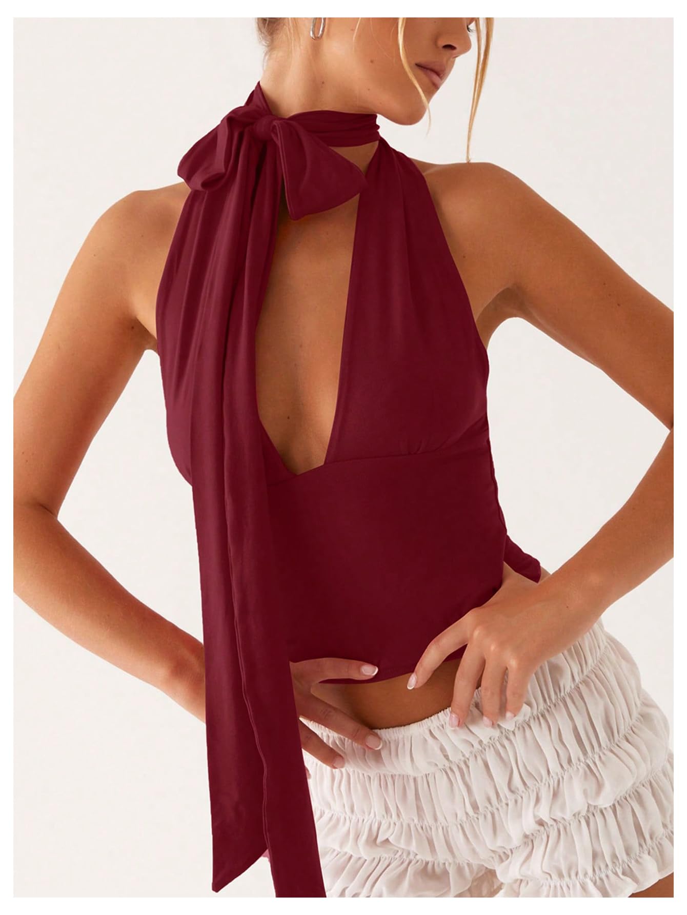 Foto 6 pulgar | Bufanda Halter  Top Corto Soly Hux Para Mujer  Cuello En V Profundo  Color Burdeos - Venta Internacional.