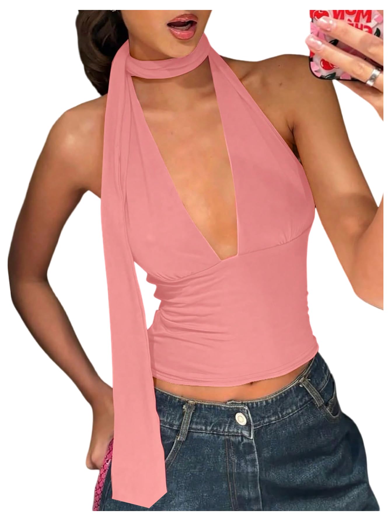 Foto 2 pulgar | Bufanda Halter  Top Corto Soly Hux Para Mujer  Cuello En V Profundo  Rosa - Venta Internacional.
