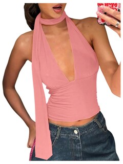 Foto 1 | Bufanda Halter Top Corto Soly Hux Para Mujer Cuello En V Profundo Rosa - Venta Internacional.
