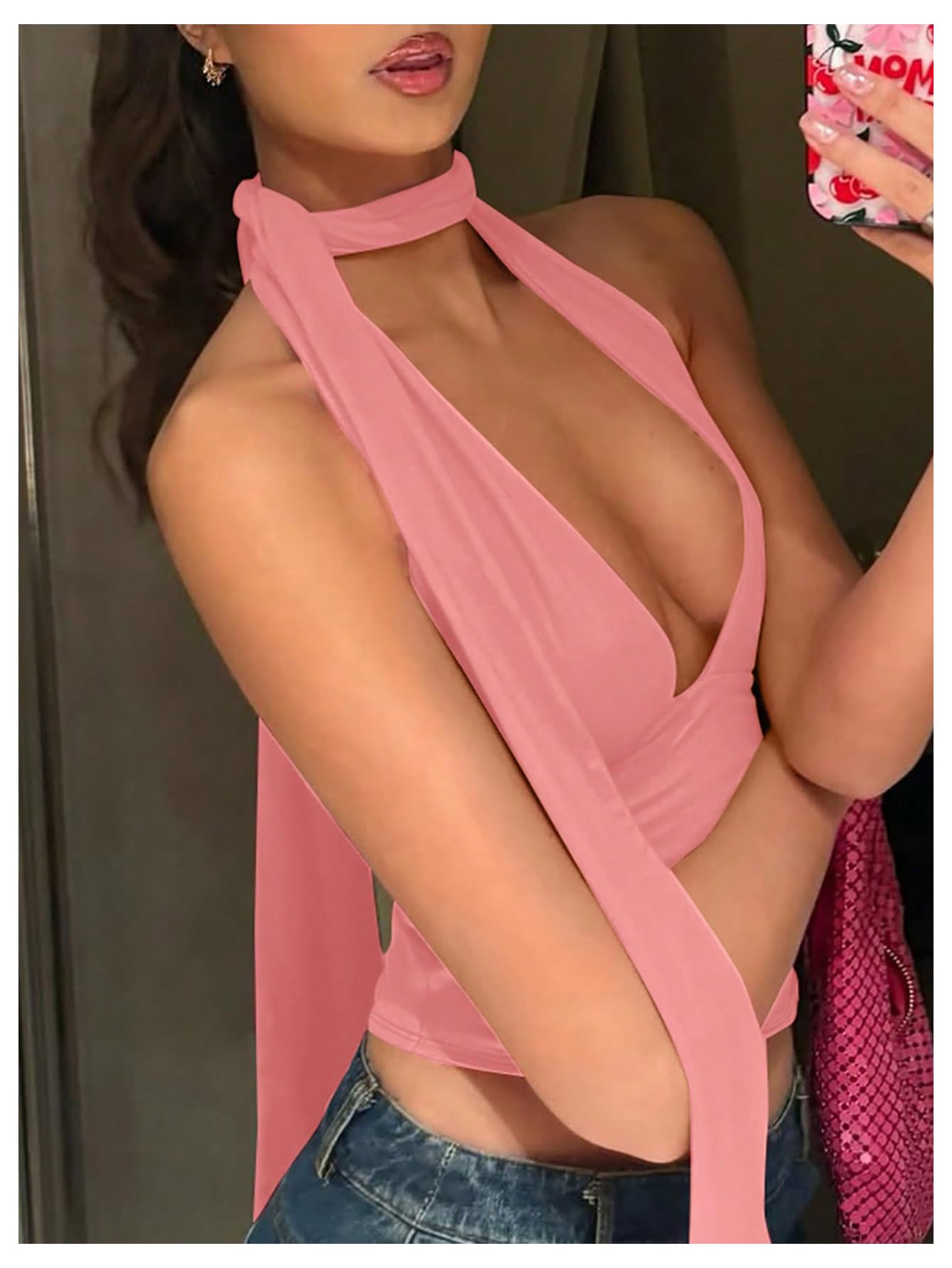 Foto 4 pulgar | Bufanda Halter  Top Corto Soly Hux Para Mujer  Cuello En V Profundo  Rosa - Venta Internacional.
