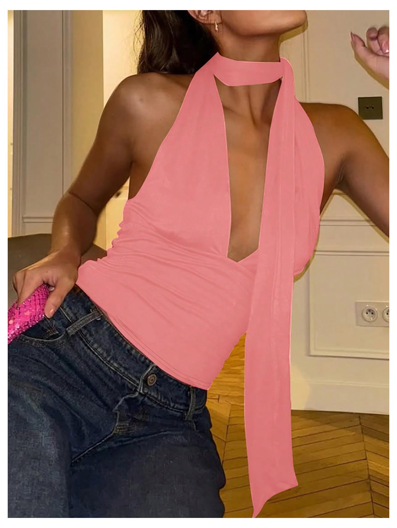 Foto 5 pulgar | Bufanda Halter  Top Corto Soly Hux Para Mujer  Cuello En V Profundo  Rosa - Venta Internacional.