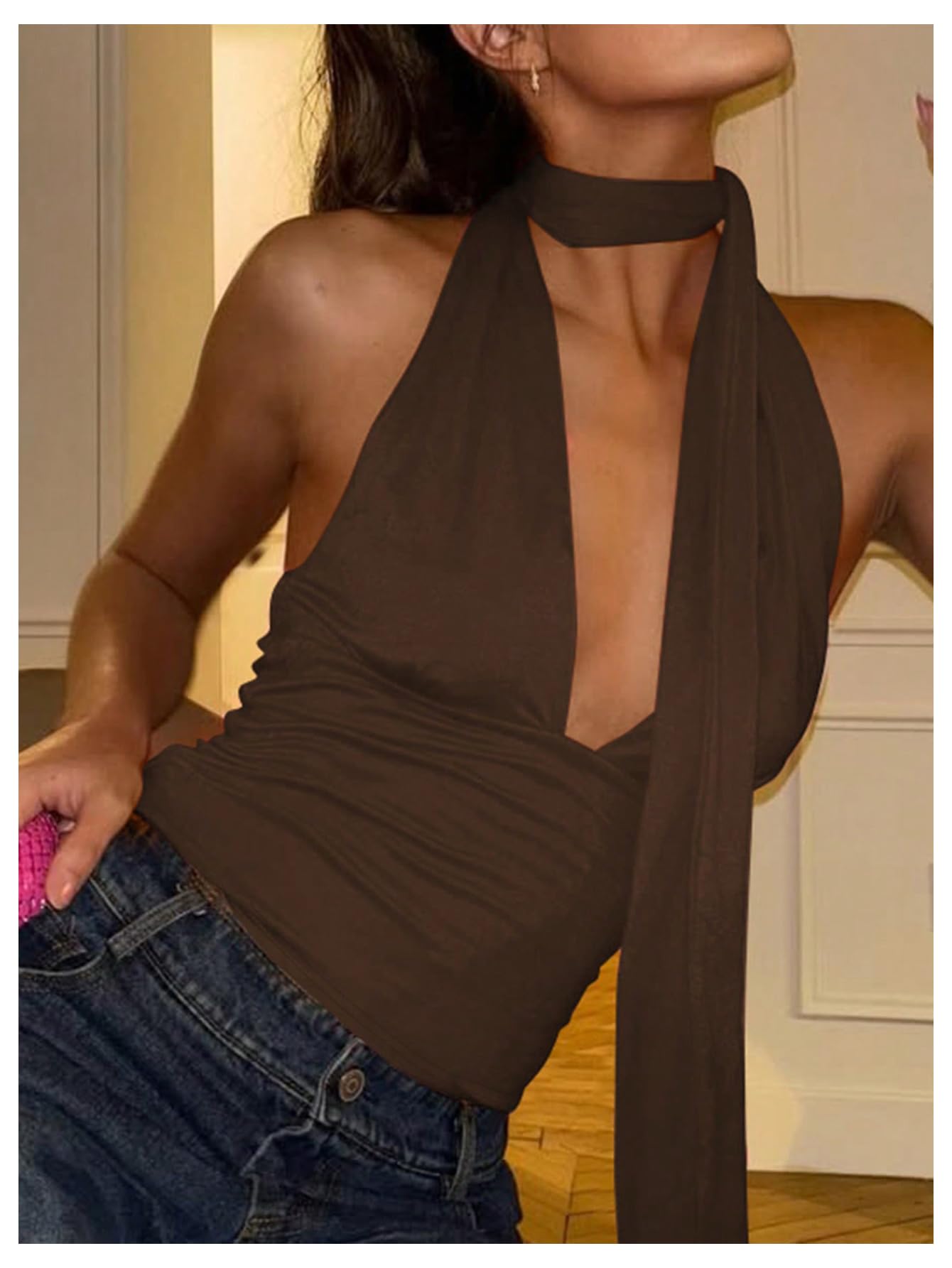 Foto 5 pulgar | Bufanda Halter  Top Corto Soly Hux Para Mujer  Marrón Café  Xs - Venta Internacional.