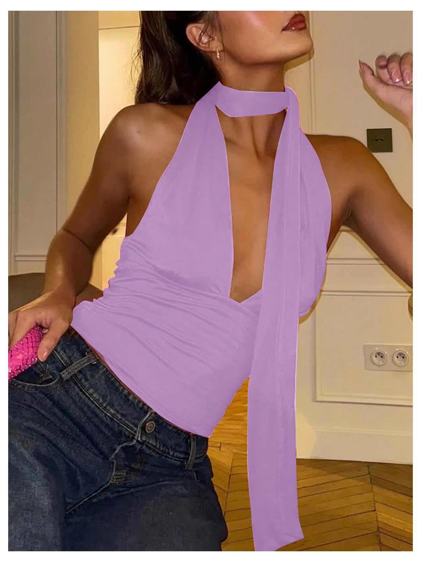 Foto 4 | Bufanda Halter  Top Corto Soly Hux Para Mujer  Color Morado  Talla M - Venta Internacional.