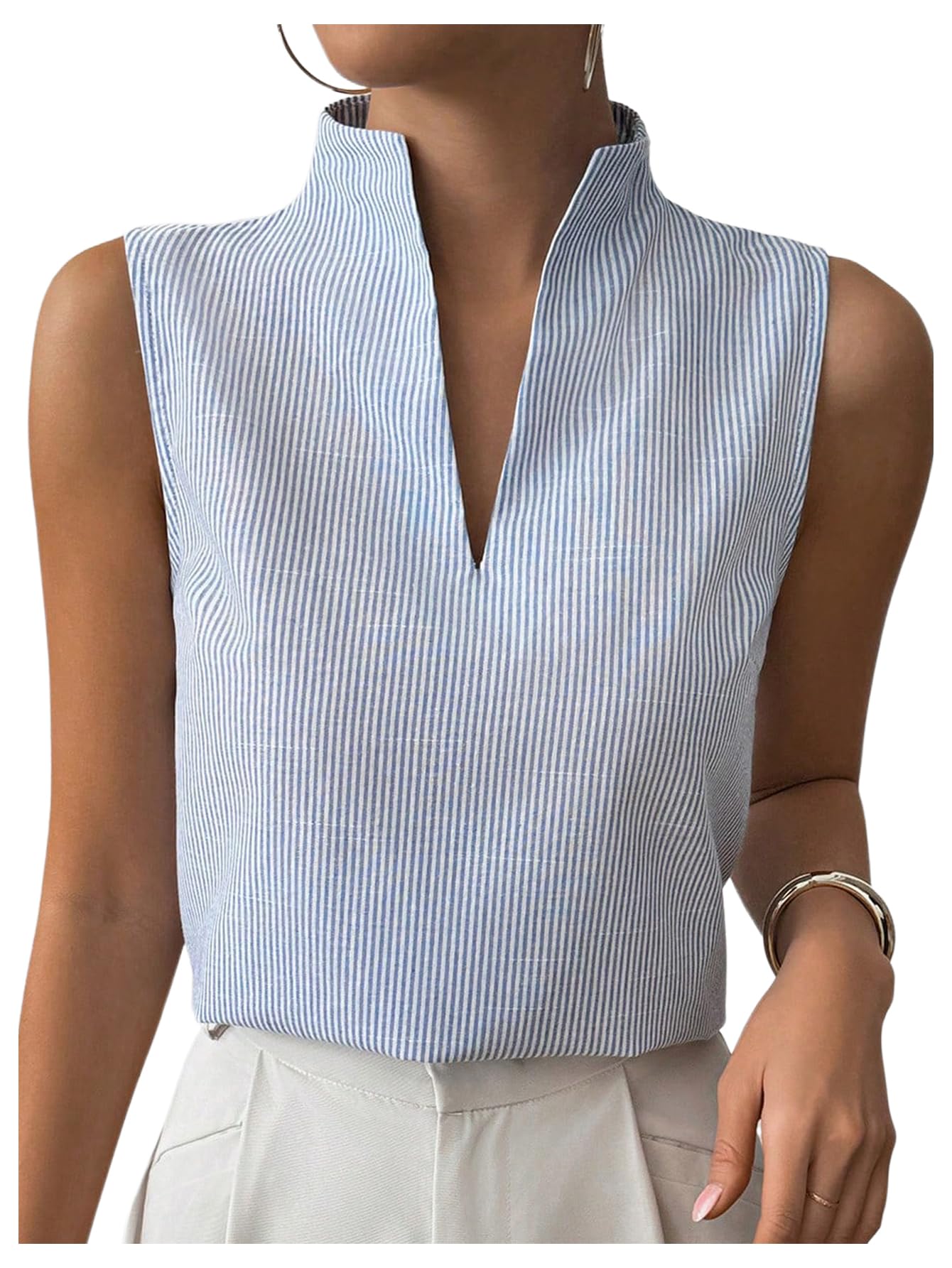 Foto 2 pulgar | Blusa Soly Hux Con Cuello En V Para Mujer  Sin Mangas  A Rayas Azul/blancas - Venta Internacional.