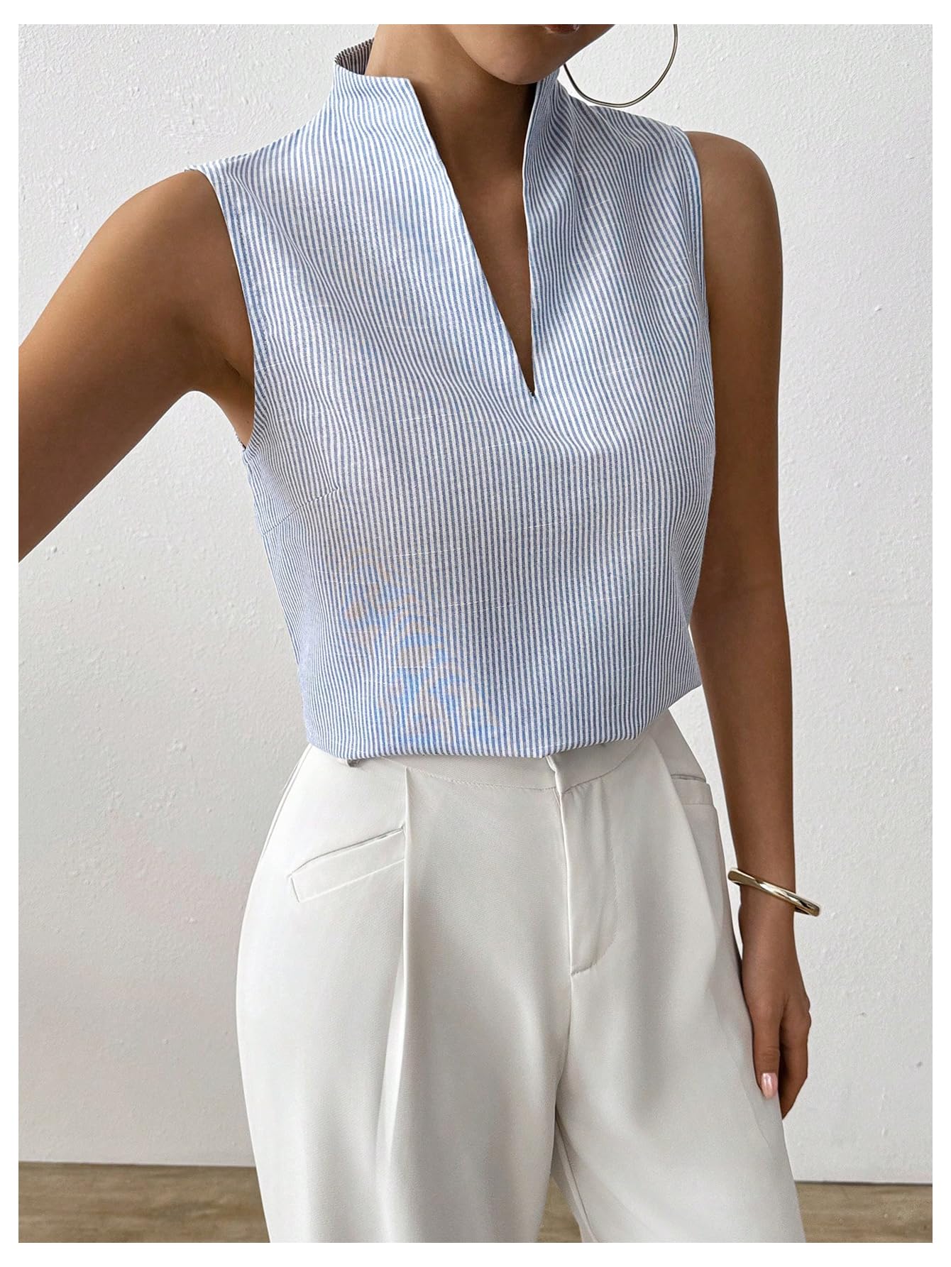 Foto 4 pulgar | Blusa Soly Hux Con Cuello En V Para Mujer  Sin Mangas  A Rayas Azul/blancas - Venta Internacional.