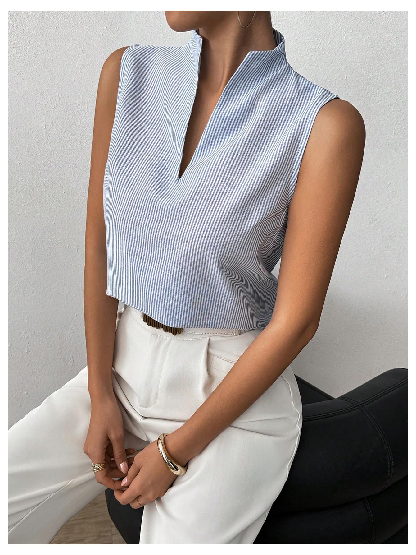 Foto 6 pulgar | Blusa Soly Hux Con Cuello En V Para Mujer  Sin Mangas  A Rayas Azul/blancas - Venta Internacional.