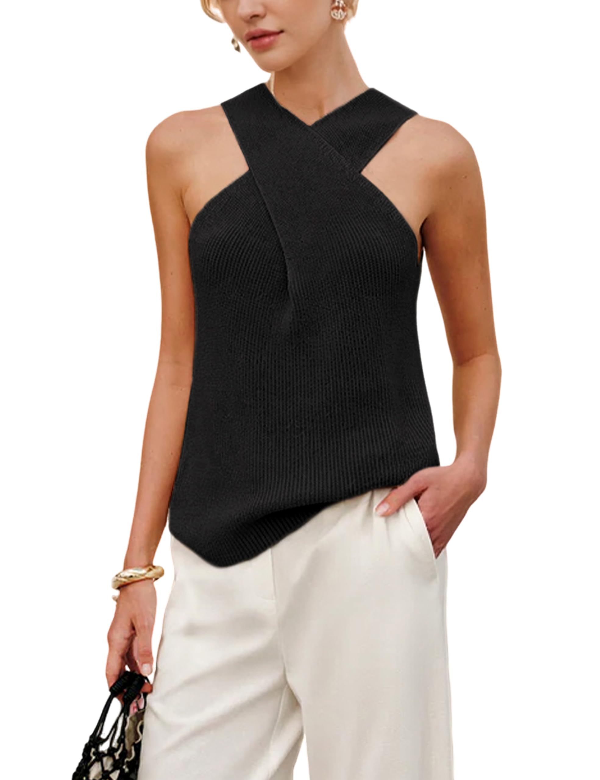 Foto 2 pulgar | Blusa Yeokou De Punto Con Cuello Cruzado Para Mujer  Color Negro - Venta Internacional.