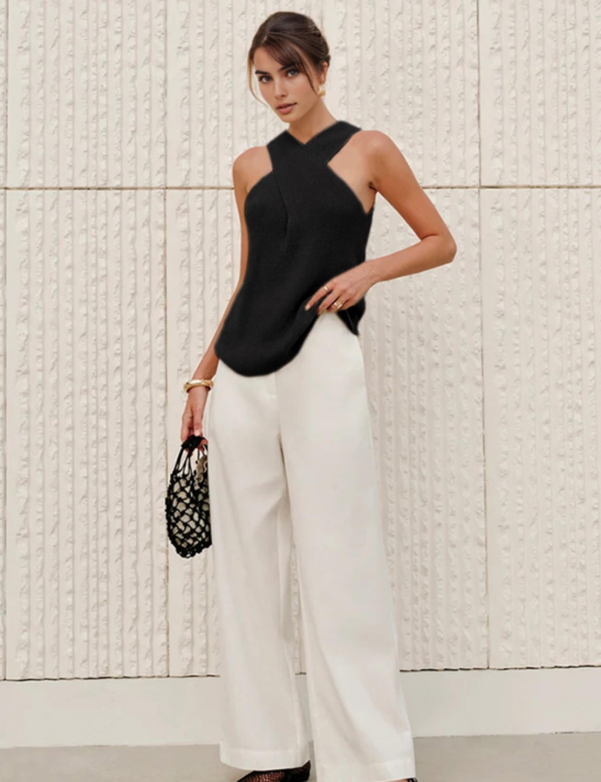 Foto 5 | Blusa Yeokou De Punto Con Cuello Cruzado Para Mujer  Color Negro - Venta Internacional.