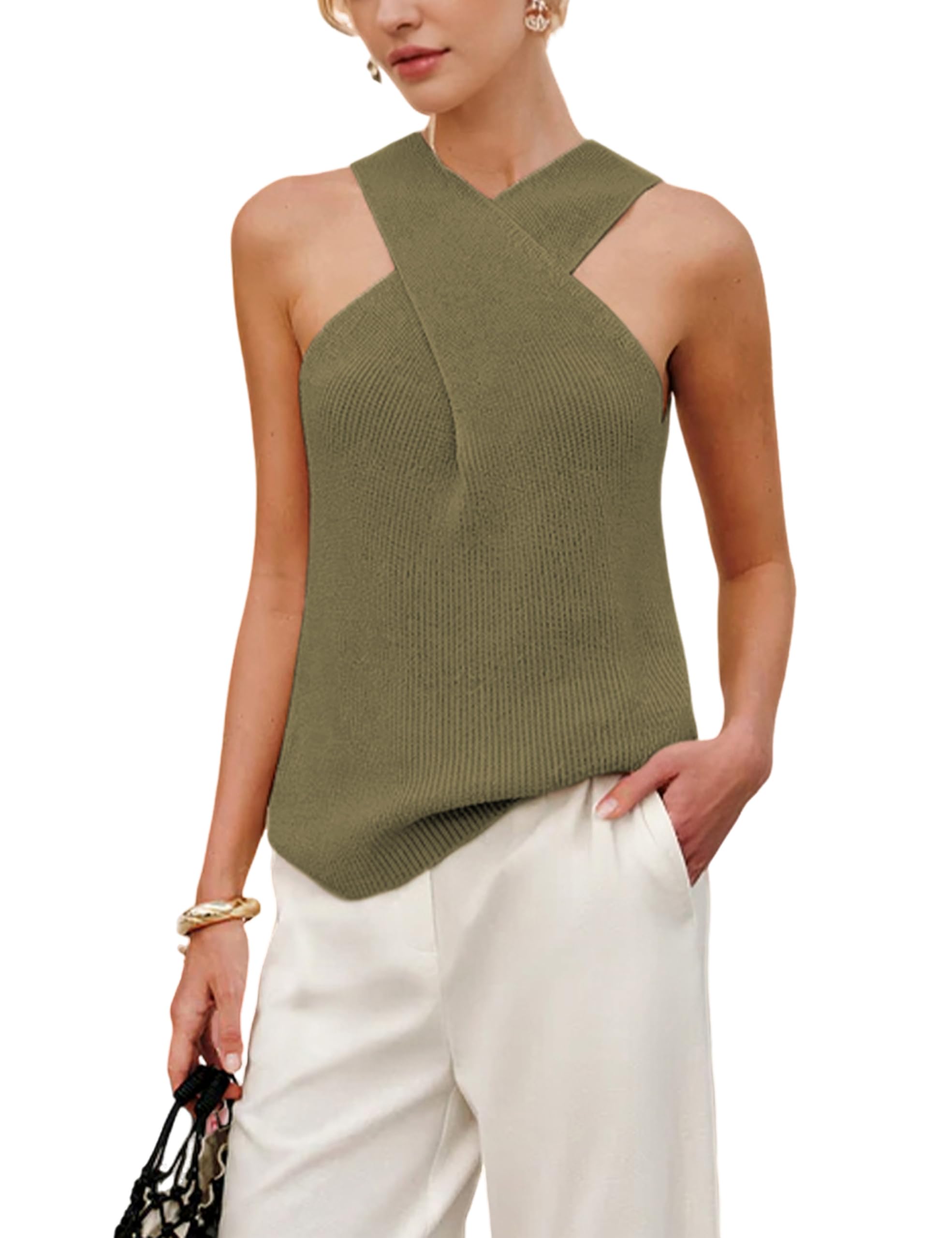 Foto 1 | Blusa Yeokou Para Mujer  Cuello Cruzado  Punto  Verde Militar - Venta Internacional.