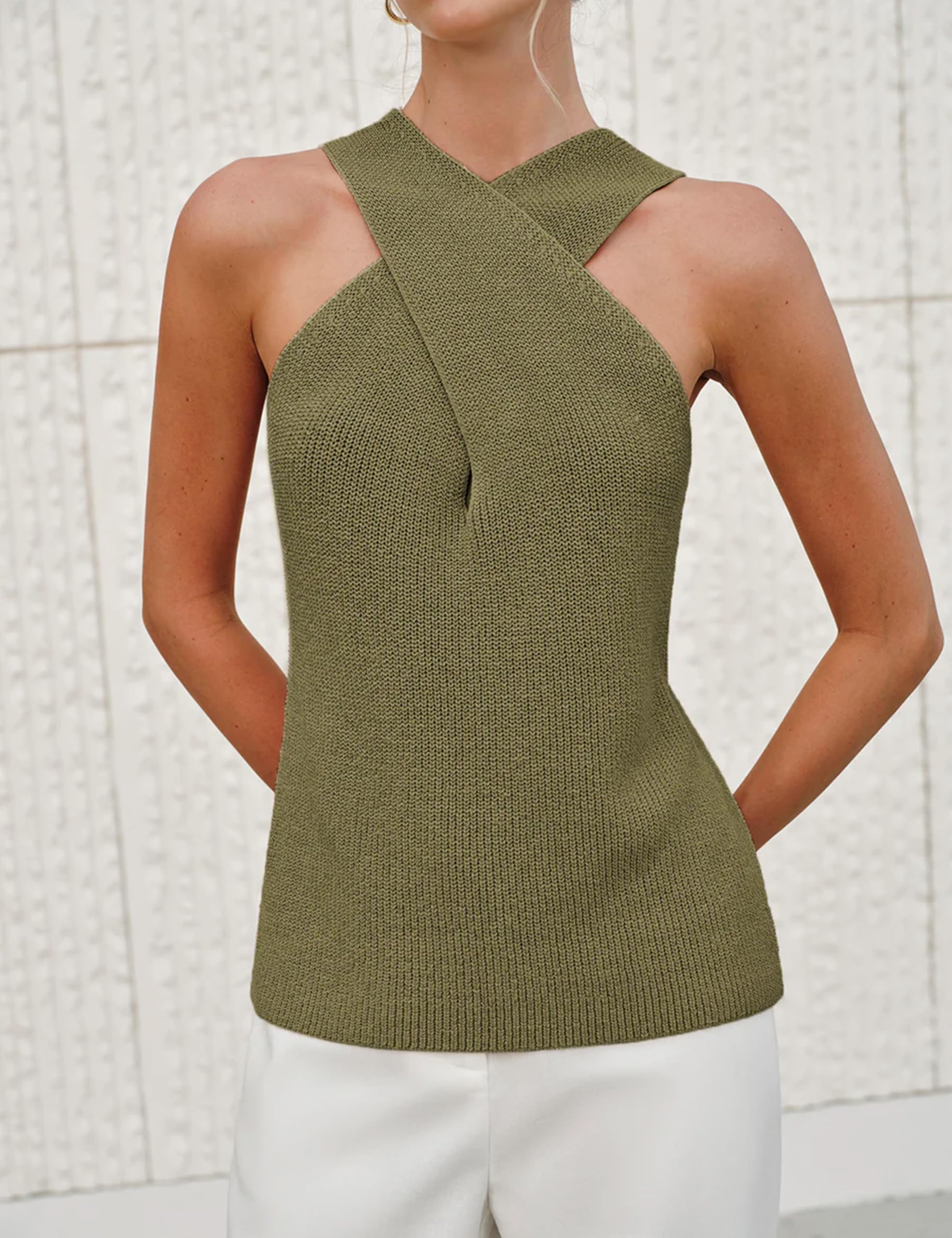 Foto 3 pulgar | Blusa Yeokou Para Mujer  Cuello Cruzado  Punto  Verde Militar - Venta Internacional.