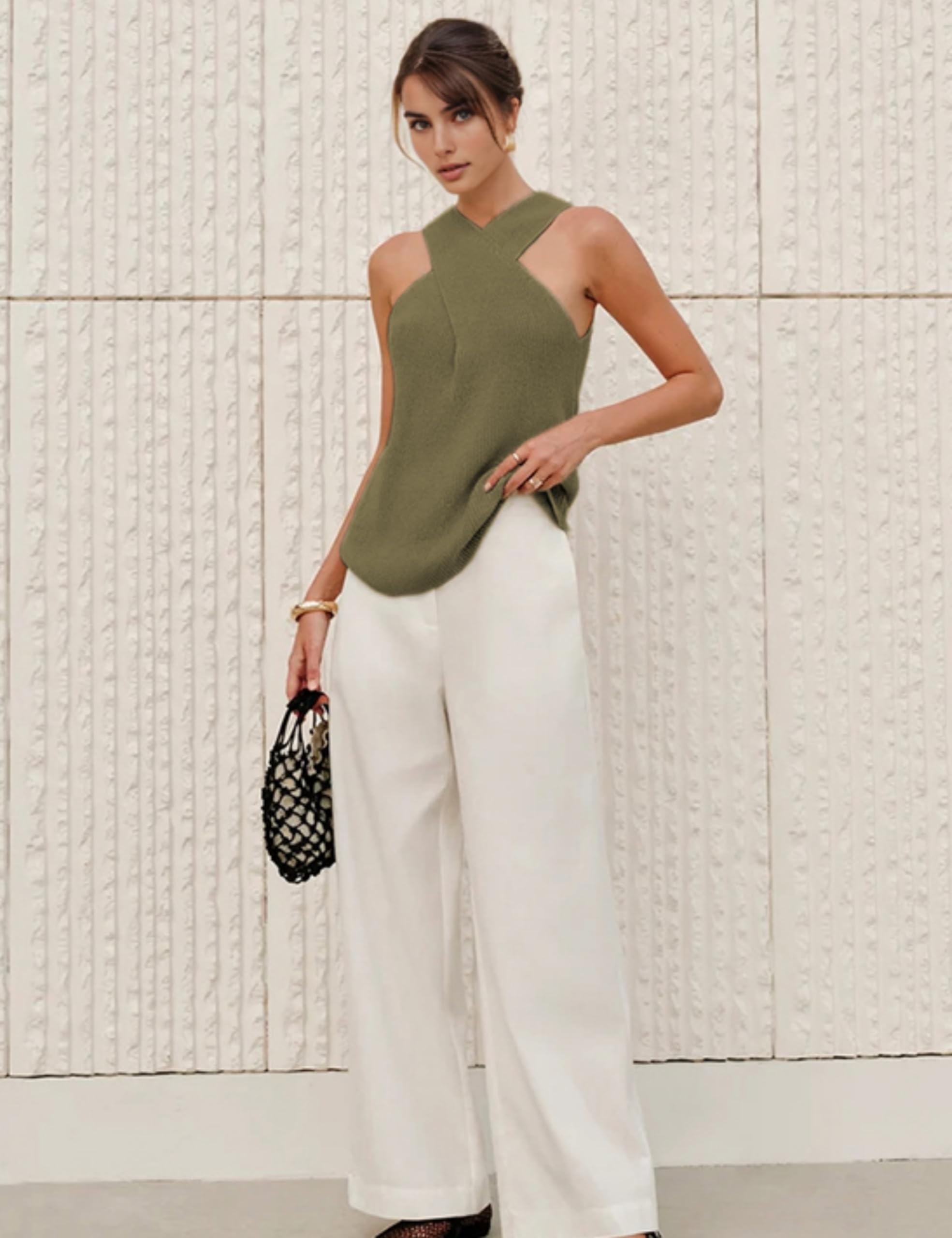 Foto 5 | Blusa Yeokou Para Mujer  Cuello Cruzado  Punto  Verde Militar - Venta Internacional.