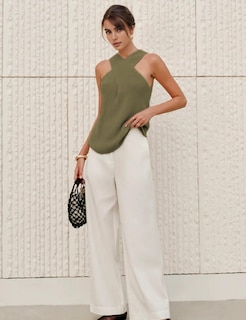 Foto 5 | Blusa Yeokou Para Mujer Cuello Cruzado Punto Verde Militar - Venta Internacional.