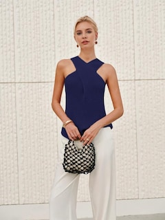 Foto 4 | Blusa Yeokou Para Mujer Cuello Cruzado Punto Azul Marino - Venta Internacional.