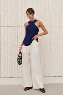 Foto 5 | Blusa Yeokou Para Mujer Cuello Cruzado Punto Azul Marino - Venta Internacional.