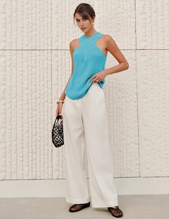 Foto 5 | Blusa Yeokou Para Mujer Cuello Cruzado Punto Azul Talla L - Venta Internacional.