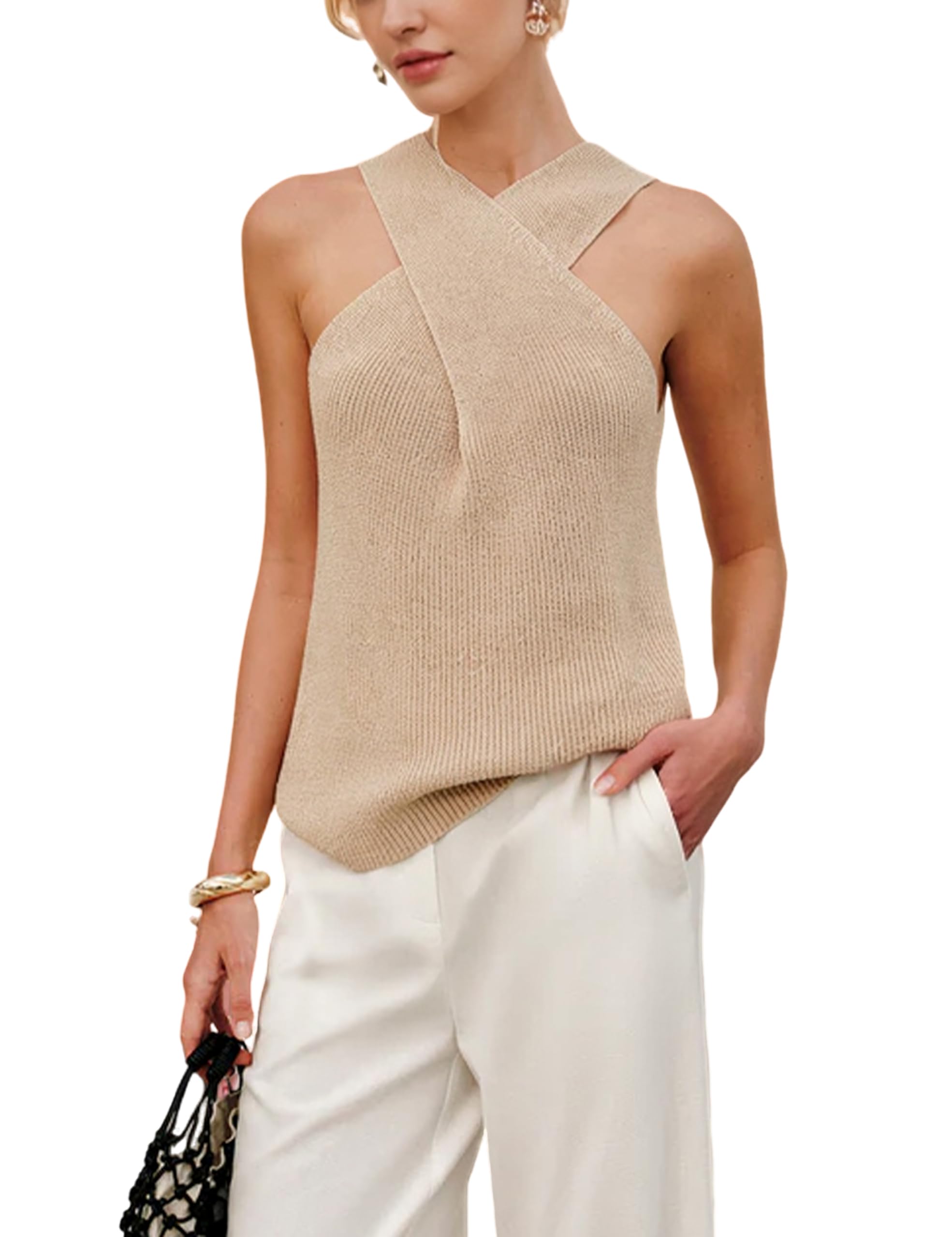 Foto 2 pulgar | Blusa Yeokou De Punto Con Cuello Cruzado Para Mujer  Color Caqui - Venta Internacional.