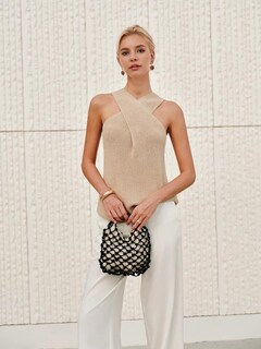 Foto 5 | Blusa Yeokou De Punto Con Cuello Cruzado Para Mujer Color Caqui - Venta Internacional.