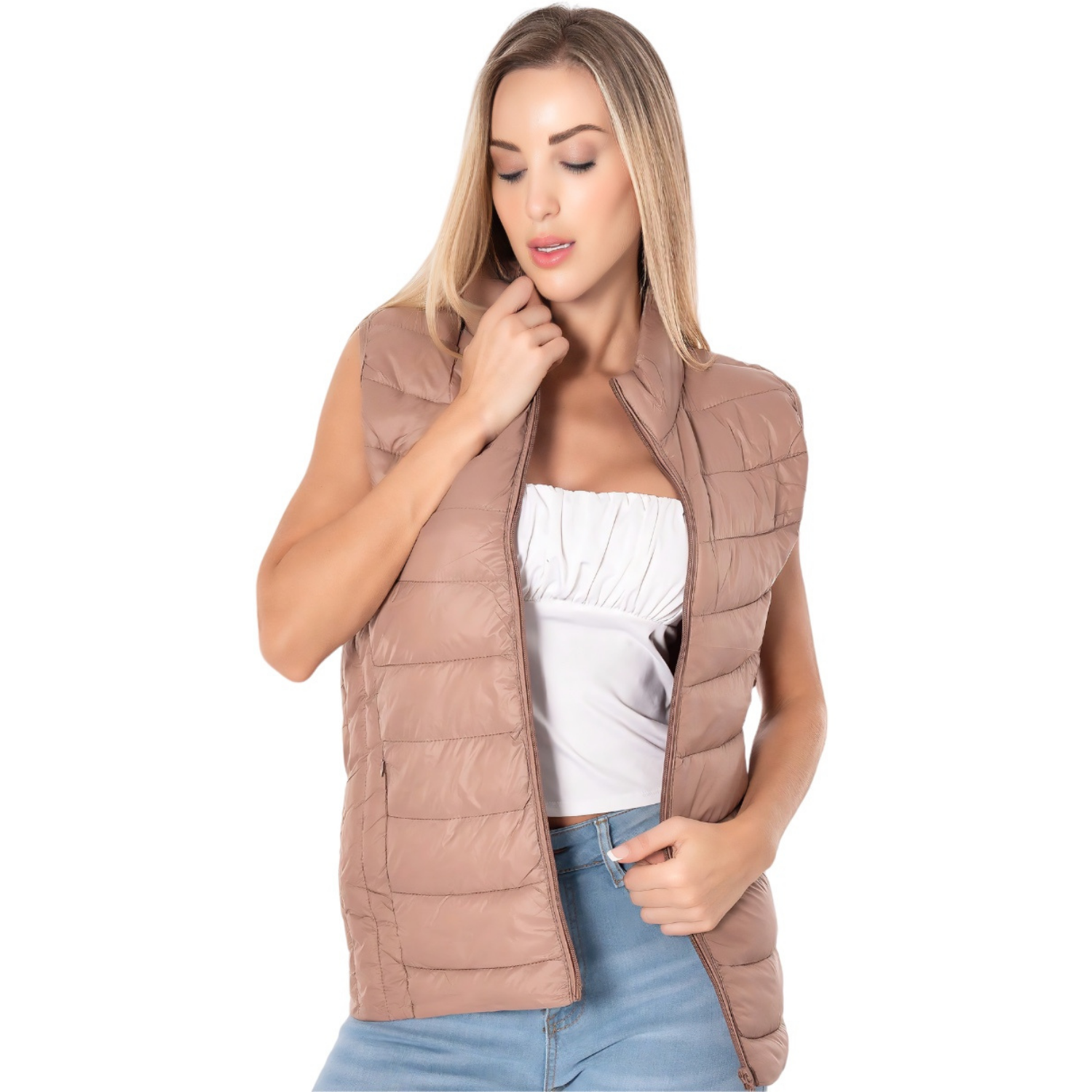 Chaleco Acolchonado para Mujer Chal-1001 Beige Capitonado con Cierre y Bolsas