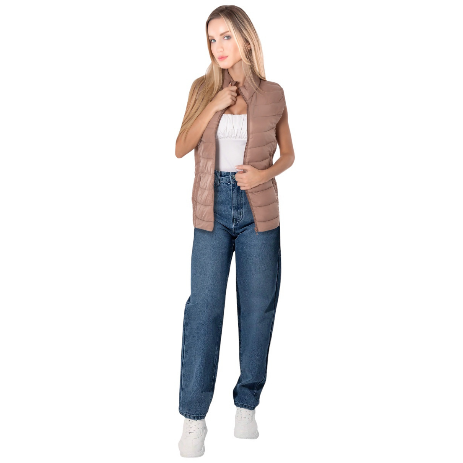 Foto 3 pulgar | Chaleco Acolchonado para Mujer Chal-1001 Beige Capitonado con Cierre y Bolsas