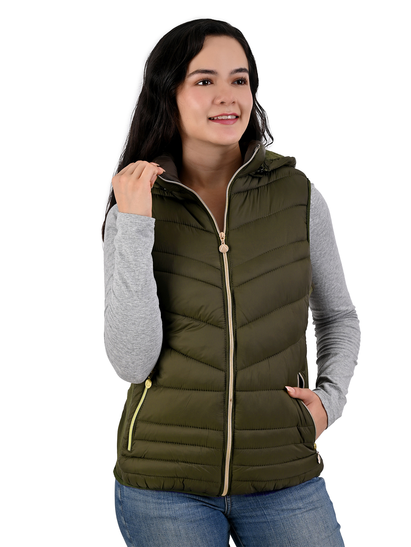 Chaleco Capitonado Afelpado Para Mujer Capucha Desmontable Cardigan Verde Militar