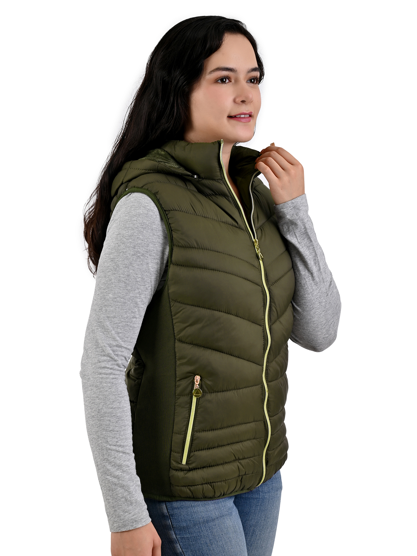 Foto 3 | Chaleco Capitonado Afelpado Para Mujer Capucha Desmontable Cardigan Verde Militar