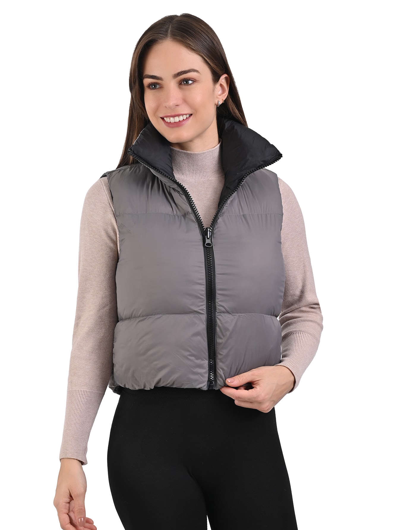 Chaleco Dama Capitonado Acolchado Reversible Doble Gris  Vista N $299